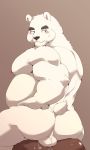  2019 absurd_res anthro balls belly blue_eyes blush bodily_fluids cum fur genital_fluids hi_res jumperbear male mammal moobs nipples overweight overweight_male polar_bear simple_background sitting ursid ursine white_fur 