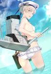  1girl ass bag bikini blue_eyes blue_sky breasts clothes_writing from_behind hat highres kantai_collection looking_at_viewer machinery pallad partially_submerged pleated_skirt sailor_bikini sailor_collar sailor_hat short_hair side-tie_bikini silver_hair skirt sky small_breasts smokestack solo swimsuit white_bikini z1_leberecht_maass_(kantai_collection) 