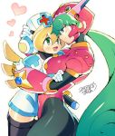 2girls android blonde_hair blue_eyes blush breasts capcom cinnamon closed_mouth dated eyebrows_visible_through_hair green_eyes green_hair hand_on_another&#039;s_head hat headgear heart helmet hug iroyopon long_hair looking_at_another marino multiple_girls nurse nurse_cap open_mouth rockman rockman_x rockman_x_command_mission signature smile white_background yuri 