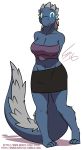  2016 4_toes anthro avoid_posting big_breasts blue_eyes blue_skin bottomwear breasts clothed clothing female ficus grey_scales hands_behind_back hi_res kyli_rouge mammal miniskirt pangolin purple_top scales shadow signature simple_background skirt smile snout thick_tail toes tube_top white_background 
