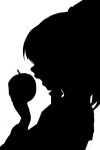  1girl absurdres apple bad_apple!! food fruit greyscale hakurei_reimu hankuri highres holding holding_food holding_fruit monochrome open_mouth profile silhouette solo touhou upper_body 