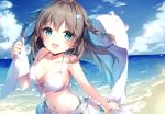  1girl :d absurdres bare_arms bare_shoulders bikini blue_eyes blue_sky blush braid breasts brown_hair cleavage cloud collarbone day floating_hair front-tie_bikini front-tie_top hair_ornament halter_top halterneck highres holding huge_filesize long_hair looking_at_viewer mashiro_kuma mashiro_kuma_channel medium_breasts miniskirt mochizuki_shiina navel ocean open_mouth outdoors scan side-tie_bikini skirt sky smile solo stomach swimsuit twin_braids upper_body virtual_youtuber white_bikini white_skirt 