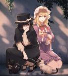  2girls bangs black_capelet black_cat black_eyes black_footwear black_hair black_headwear black_skirt blonde_hair bow bowtie capelet cat chen chen_(cat) commentary_request dress eyebrows_visible_through_hair fedora hair_over_one_eye hand_up hat hat_bow highres houraisan_chouko kneeling long_hair long_skirt long_sleeves looking_at_another maribel_hearn mob_cap multiple_girls multiple_tails nekomata purple_dress purple_eyes red_bow red_neckwear ribbon-trimmed_skirt ribbon_trim shadow shirt shoes short_dress short_hair skirt socks squatting tail touhou two_tails usami_renko white_bow white_headwear white_legwear white_shirt 