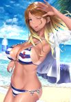  1girl anchor bangs bikini black_eyes blonde_hair blush bottle breasts brown_hair cleavage cloud covered_nipples gradient_hair homu_(seven_deadly_sins) idolmaster idolmaster_shiny_colors izumi_mei large_breasts long_hair looking_at_viewer multicolored_hair navel ocean one_eye_closed open_mouth sky smile solo strap_gap striped striped_bikini swimsuit tan tanline 