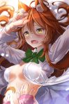  1girl animal_ear_fluff animal_ears arms_up bangs blush bow bowtie breasts brown_hair cleavage collared_shirt commentary_request covered_nipples fang fox_ears fuku_kitsune_(fuku_fox) green_neckwear hair_between_eyes hair_spread_out hands_on_another&#039;s_stomach highres korin_(shironeko_project) long_hair long_sleeves medium_breasts no_bra open_clothes open_mouth open_shirt see-through shironeko_project shirt solo sweat upper_body wet wet_clothes wet_shirt white_shirt yellow_eyes 