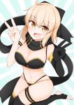  1girl :d ahoge bangs bare_shoulders bikini black_bikini black_bow black_gloves black_legwear black_scarf blonde_hair blush bow breasts brown_eyes cleavage commentary_request double_v elbow_gloves eyebrows_visible_through_hair fate/grand_order fate_(series) gloves hair_between_eyes hair_bow hands_up highres koha-ace large_breasts layered_bikini navel no_shoes okita_souji_(fate) okita_souji_(fate)_(all) open_mouth sakikumo_(sakumo) scarf smile solo stirrup_legwear sunburst sunburst_background swimsuit thigh_strap thighhighs toeless_legwear v 