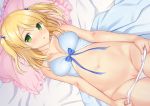  bed blonde_hair blush bow breasts cleavage green_eyes n.g. navel original panties panty_pull pussy twintails uncensored underwear 