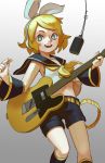  1girl absurdres aqua_eyes belt black_sailor_collar black_shorts blonde_hair bow bright_pupils feet_out_of_frame frills gradient gradient_background grey_background guitar hair_bow headphones highres instrument kagamine_rin microphone midriff navel neckerchief open_mouth sailor_collar shirt short_hair shorts sleeveless sleeveless_shirt smile solo topdylan vocaloid white_bow white_pupils yellow_neckwear 