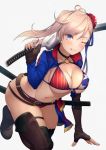  1girl american_flag_bikini asymmetrical_hair bangs banned_artist belt bikini blue_eyes blush boots breasts brown_gloves bun_cover choker cleavage collarbone fate/grand_order fate_(series) fingerless_gloves flag_print gloves gunblade hair_bun kyoeiki large_breasts long_hair looking_at_viewer miyamoto_musashi_(fate/grand_order) miyamoto_musashi_(swimsuit_berserker)_(fate) navel one_eye_closed parted_lips pink_hair simple_background smile solo swept_bangs swimsuit thigh_boots thigh_strap thighhighs thighs weapon white_background 