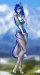  2019 4_toes 5_fingers anthro blue_eyes blue_hair blue_nose blurred_background breasts canid canine canis clothed clothing day digital_media_(artwork) domestic_dog ear_piercing ear_ring elvofirida female fingers hair hi_res mammal outside piercing solo toes 