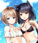  2girls :d animal_ear_fluff animal_ears bangs bare_arms bare_shoulders bell bikini black_bikini black_hair blue_eyes blue_sky blunt_bangs breasts brown_eyes brown_hair cat_ears cat_girl cat_tail clam cleavage closed_mouth cloud collarbone commentary_request day fangs glint hair_ornament hand_up heart highres jewelry lens_flare looking_at_viewer medium_breasts multiple_girls navel necklace omoomomo open_mouth original short_hair signature sky smile spaghetti_strap star star_hair_ornament sunlight swimsuit tail upper_body white_bikini 
