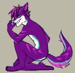  anthro blue_nose canid canine canis digital_media_(artwork) fingers fur gonewiththefart grey_background hair looking_at_viewer male mammal purple_fur purple_hair simple_background smile solo teeth toes wolf 