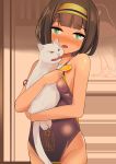  1girl absurdres animal animal_hug bangs bare_arms bare_shoulders black_leotard blunt_bangs blush breasts brown_hair cat commentary_request covered_navel dark_skin eyebrows_visible_through_hair fang flehmen_response food fruit green_eyes groin hairband highres holding holding_food leotard meme nose_blush open_mouth orange orange_slice original short_hair small_breasts solo toy_box-r white_cat yellow_hairband 