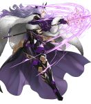  1girl armored_boots boots breasts camilla_(fire_emblem) cape cleavage dress fire_emblem fire_emblem_fates fire_emblem_heroes full_body fur_trim gloves grey_background hair_over_one_eye highres kozaki_yuusuke long_hair official_art purple_hair red_eyes solo staff teeth tiara transparent_background 