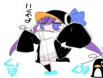  1girl animal_hood bird blue_eyes blush_stickers chibi commentary_request eyebrows_visible_through_hair fate/extra fate/extra_ccc fate_(series) hair_between_eyes hat hat_ribbon hood long_hair long_sleeves looking_at_viewer meltryllis outstretched_arms penguin purple_hair ribbon sako_(bosscoffee) sleeves_past_wrists solo spread_arms standing translation_request white_background wide_sleeves 