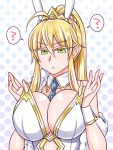  1girl ? ahoge animal_ears artoria_pendragon_(all) artoria_pendragon_(lancer) bangs blonde_hair breasts bunny_ears bunny_girl bunnysuit cleavage detached_collar fate/grand_order fate_(series) feather_boa green_eyes hair_between_eyes large_breasts leotard long_hair mabo-udon saber sidelocks solo speech_bubble spoken_question_mark strapless strapless_leotard swept_bangs wrist_cuffs 