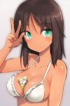  1girl alice_gear_aegis arm_up between_breasts bikini_top breasts brown_hair closed_mouth dark_skin green_eyes grey_background kaneshiya_sitara large_breasts long_hair shimada_fumikane simple_background smile solo upper_body w 