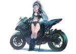  1girl aamond aek-999_(girls_frontline) bangs black_gloves black_legwear blush breasts cleavage clothes_writing collared_jacket eyebrows_visible_through_hair full_body girls_frontline gloves goggles goggles_on_head grey_hair ground_vehicle headphones jacket long_hair long_sleeves motor_vehicle motorcycle navel open_clothes panties ponytail shadow shoes simple_background socks solo standing underwear white_background yellow_eyes 