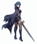  1girl armor blue_eyes blue_hair boots breasts byleth_(fire_emblem) byleth_(fire_emblem)_(female) closed_mouth elbow_pads eyebrows_visible_through_hair fire_emblem fire_emblem:_three_houses floral_print from_behind hair_between_eyes hand_on_own_chest high_heel_boots high_heels highres holding holding_sword holding_weapon knee_boots knee_pads large_breasts long_hair looking_at_viewer pantyhose pauldrons pen_(steelleets) print_legwear shoulder_armor simple_background smile solo standing sword vambraces weapon white_background 