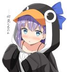  1girl :o aikawa_ryou animal_costume bangs black_jacket blue_eyes blush collarbone commentary_request eyebrows_visible_through_hair fate/grand_order fate_(series) hair_ribbon jacket long_hair looking_at_viewer meltryllis penguin_costume purple_hair ribbon simple_background solo translation_request white_background white_jacket 