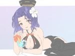  1girl :d bare_shoulders black_swimsuit breasts cleavage drink flower hair_flower hair_ornament kantai_collection large_breasts lying mechanical_halo open_mouth purple_eyes purple_hair shiosoda short_hair smile solo swimsuit tatsuta_(kantai_collection) 