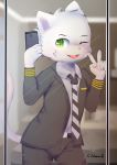  2018 5_fingers absurd_res anthro belt blurred_background bottomwear cellphone clothed clothing cub cubboard domestic_cat felid feline felis fingers fully_clothed fur gesture green_eyes head_tuft hi_res holding_cellphone holding_object inside jacket kemono male mammal mirror necktie one_eye_closed open_mouth open_smile pants phone pink_nose pose recording selfie shirt signature smile solo standing suit topwear v_sign white_fur wink young 