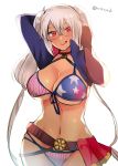  1girl :p alternate_hairstyle american_flag_bikini belt bikini breasts cleavage cosplay cowboy_shot dark_skin fate/grand_order fate_(series) flag_print glasses highres kantai_collection large_breasts looking_at_viewer masago_(rm-rf) midriff miyamoto_musashi_(fate/grand_order) miyamoto_musashi_(swimsuit_berserker)_(fate) miyamoto_musashi_(swimsuit_berserker)_(fate)_(cosplay) musashi_(kantai_collection) namesake navel rimless_eyewear simple_background solo swimsuit tongue tongue_out twintails twitter_username white_background white_legwear 