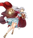  1girl bangs cape circlet clenched_hand closed_mouth dress fire_emblem fire_emblem:_radiant_dawn fire_emblem_heroes full_body grey_background highres kita_senri long_hair magic micaiah non-web_source official_art sandals shiny shiny_hair solo transparent_background white_hair wide_sleeves yellow_eyes 