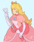  1girl blonde_hair blue_background blue_earrings blue_eyes breasts crown dress earrings elbow_gloves gloves highres holding holding_sword holding_weapon jewelry jivke long_hair looking_at_viewer mario_(series) medium_breasts pink_dress princess_peach puffy_short_sleeves puffy_sleeves ring short_sleeves signature simple_background solo sword upper_body weapon 