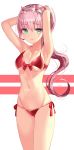  1girl absurdres armpits arms_up bare_arms bare_shoulders bikini blue_eyes breasts cleavage closed_mouth collarbone cowboy_shot darling_in_the_franxx front-tie_bikini front-tie_top groin highres horns long_hair looking_at_viewer medium_breasts navel pink_hair ponytail red_bikini shaffelli side-tie_bikini solo standing stomach swimsuit thighs tongue tongue_out very_long_hair zero_two_(darling_in_the_franxx) 