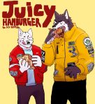  anthro bodily_fluids burger canid canine canis clothed clothing domestic_dog duo food fur hi_res jackets kuro_(nomifuki) licking licking_lips male mammal nomifuki shiro_(nomifuki) shirt simple_background sweat sweatdrop tongue tongue_out topwear 