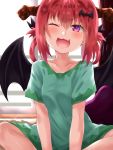  1girl :3 ;d bat_hair_ornament blush collarbone curtains day demon_horns demon_wings english_commentary eyebrows_visible_through_hair fang gabriel_dropout green_shirt hair_between_eyes hair_ornament head_tilt highres horns indoors kurumizawa_satanichia_mcdowell looking_at_viewer needledmouse one_eye_closed open_mouth pink_eyes red_hair shirt short_sleeves sitting smile solo v-shaped_eyebrows window wings 