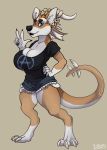  2019 anthro big_breasts breasts canid canine claws clothed clothing dbd dragon ear_piercing facial_piercing female gesture horn hybrid lip_piercing looking_at_viewer mammal piercing smile solo v_sign 