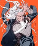  1boy beard check_character facial_hair hand_up highres holding holding_sword holding_weapon long_hair long_sleeves looking_at_viewer male_focus one_piece orange_background silvers_rayleigh simple_background solidund solo sword twitter_username upper_body weapon white_hair yellow_eyes 