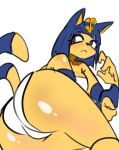  2019 absurd_res animal_crossing ankha_(animal_crossing) anthro badassbaal blue_hair breasts butt clothing domestic_cat egyptian felid feline felis female fur hair hi_res mammal nintendo simple_background solo uraeus video_games 