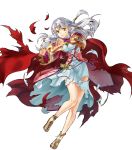  1girl bangs cape circlet clenched_teeth dress fire_emblem fire_emblem:_radiant_dawn fire_emblem_heroes full_body grey_background highres kita_senri long_hair micaiah non-web_source official_art sandals shiny shiny_hair solo teeth torn_clothes transparent_background white_hair yellow_eyes 