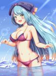  1girl bangs bare_arms bare_shoulders bikini black_bow blue_hair blush bow breasts cleavage commentary_request eyebrows_visible_through_hair hair_bow highres in_water large_breasts long_hair looking_at_viewer navel open_mouth outdoors personification pink_bikini pokemon pokemon_(game) pokemon_swsh side-tie_bikini solo swimsuit toxapex yukimura_chisa 