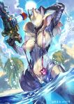  1girl ario artist_name bodysuit breasts breasts_apart dated day dutch_angle helmet large_breasts looking_at_viewer multiple_girls outdoors partially_submerged pink_swimsuit saryn_(warframe) slingshot_swimsuit solo strap_gap sun sunlight swimsuit warframe water water_gun wet 