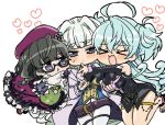  &gt;_&lt; 3girls :d ahoge bangs bare_shoulders belt black_hair blue_eyes blue_hair blunt_bangs blush breasts cagliostro_(symphogear) chain cleavage commentary_request detached_sleeves eyebrows_visible_through_hair frills glasses green_hair hat heart imminent_hug jitome large_breasts light_green_hair long_hair multiple_girls open_mouth prelati_(symphogear) purple_eyes saint-germain_(symphogear) sandals semi-rimless_eyewear senki_zesshou_symphogear shiny shiny_hair simple_background smile stuffed_animal stuffed_frog stuffed_toy thighlet under-rim_eyewear urakata_hajime white_background xd 