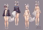  animal_ears ass bikini braids flat_chest foxgirl garter gray gray_hair hat hoodie navel original red_eyes signed suzuno_(bookshelf) swimsuit tail 