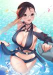  1girl :d absurdres black_swimsuit blush braid brown_eyes brown_hair collarbone commentary_request consort_yu_(fate) detached_sleeves fate/grand_order fate_(series) glasses hair_ornament hair_scrunchie hamada_pochiwo heroic_spirit_festival_outfit highres holding_hands long_braid long_hair looking_at_viewer o-ring open_mouth partially_submerged petals pov pov_hands red_scrunchie rimless_eyewear scrunchie single_braid smile solo_focus swimsuit very_long_hair water 