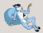  4_toes 5_fingers anthro black_hair blue_fur canid canine digital_media_(artwork) fingers food fox fur gonewiththefart hair male mammal nude pizza smile solo toes white_fur white_nose 