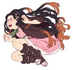  1girl angry artist_name bamboo bit_gag black_hair brown_hair claw_pose claws commentary commission english_commentary fangs full_body gag hair_ribbon haori japanese_clothes kamado_nezuko kimetsu_no_yaiba kimono long_hair mouth_hold multicolored_hair obi open_mouth pink_eyes pink_kimono pink_nails pink_ribbon ribbon rii_abrego sandals sash simple_background solo two-tone_hair veins very_long_hair white_background 