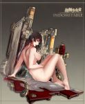  1girl arm_support artist_name bangs barefoot black_hair breasts character_name collaboration copyright_name from_side full_body gradient gradient_background grey_hair highres indomitable_(warship_girls_r) knees_up large_breasts long_hair looking_at_viewer looking_to_the_side machinery nipples nude open_mouth red_hair shower_head sitting solo steampunk warship_girls_r windforcelan 