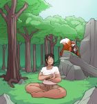  2019 anthro black_hair bottomwear breasts canid canine clothing detailed_background duo eating eyes_closed female forest fox hair hi_res human lunate male mammal outside quix_(species) rock shirt shorts sitting snicket_(lunate) standing story story_in_description topwear tree 