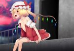  1girl bare_shoulders blonde_hair bow cellphone collarbone commentary_request crystal fang feet_out_of_frame flandre_scarlet hat hat_bow long_hair looking_at_viewer miniskirt mob_cap nigo_(aozoragarou) off_shoulder one_side_up open_clothes open_mouth open_vest outdoors phone puffy_short_sleeves puffy_sleeves railing red_bow red_eyes red_skirt red_vest shirt short_sleeves sitting skin_fang skirt skirt_set smartphone solo touhou vest white_headwear white_shirt wings 