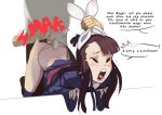  1boy 1girl animal_ears bent_over brown_hair bunny_ears bunny_girl bunny_tail doggystyle english_text humiliation kagari_atsuko little_witch_academia long_hair luna_nova_school_uniform open_mouth out_of_frame polyle public_use school_uniform sex simple_background solo_focus spanking speech_bubble tail tears tongue tongue_out white_background 