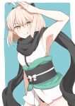  1girl arm_up armpits bangs bare_arms bare_shoulders black_bow black_scarf blonde_hair bow breasts closed_mouth cowboy_shot fate/grand_order fate_(series) hair_between_eyes hair_bow japanese_clothes kimono koha-ace medium_breasts misoradeko no_bra obi okita_souji_(fate) okita_souji_(fate)_(all) sash scarf short_hair short_kimono sideboob sleeveless sleeveless_kimono smile solo tongue tongue_out white_kimono yellow_eyes 