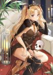  1girl bangs birdcage black_cape black_legwear blonde_hair blurry blurry_foreground bow breasts brown_footwear brown_leotard burning bxr cage candle candlestand cape closed_mouth commentary_request couch depth_of_field earrings ereshkigal_(fate/grand_order) eyebrows_visible_through_hair fate/grand_order fate_(series) fire forehead fur-trimmed_cape fur_trim glowing hair_bow hand_up highres infinity jewelry leotard long_hair long_sleeves looking_at_viewer medium_breasts multicolored multicolored_cape multicolored_clothes on_couch parted_bangs red_bow red_cape red_eyes shoes single_sleeve single_thighhigh skull solo spine strapless strapless_leotard thighhighs tiara two_side_up very_long_hair 
