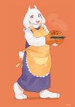  anthro apron bebebebebe bovid caprine clothed clothing female food looking_at_viewer mammal mature_female open_mouth open_smile pie simple_background smile solo toriel undertale video_games 